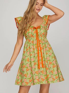 Green Floral Dress Orange Contrast Bow