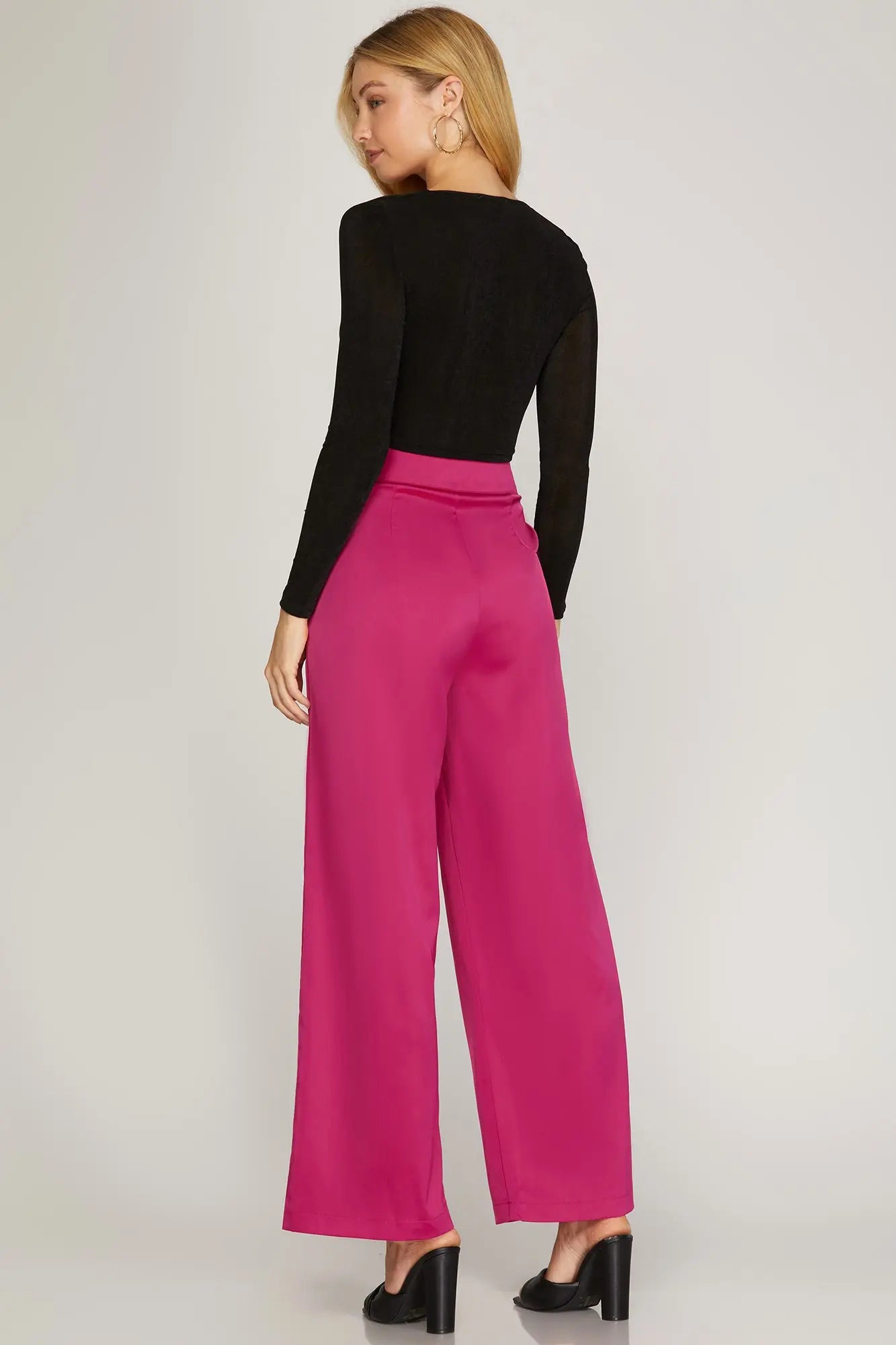 Hot Pink Satin Long Pants with Pleats