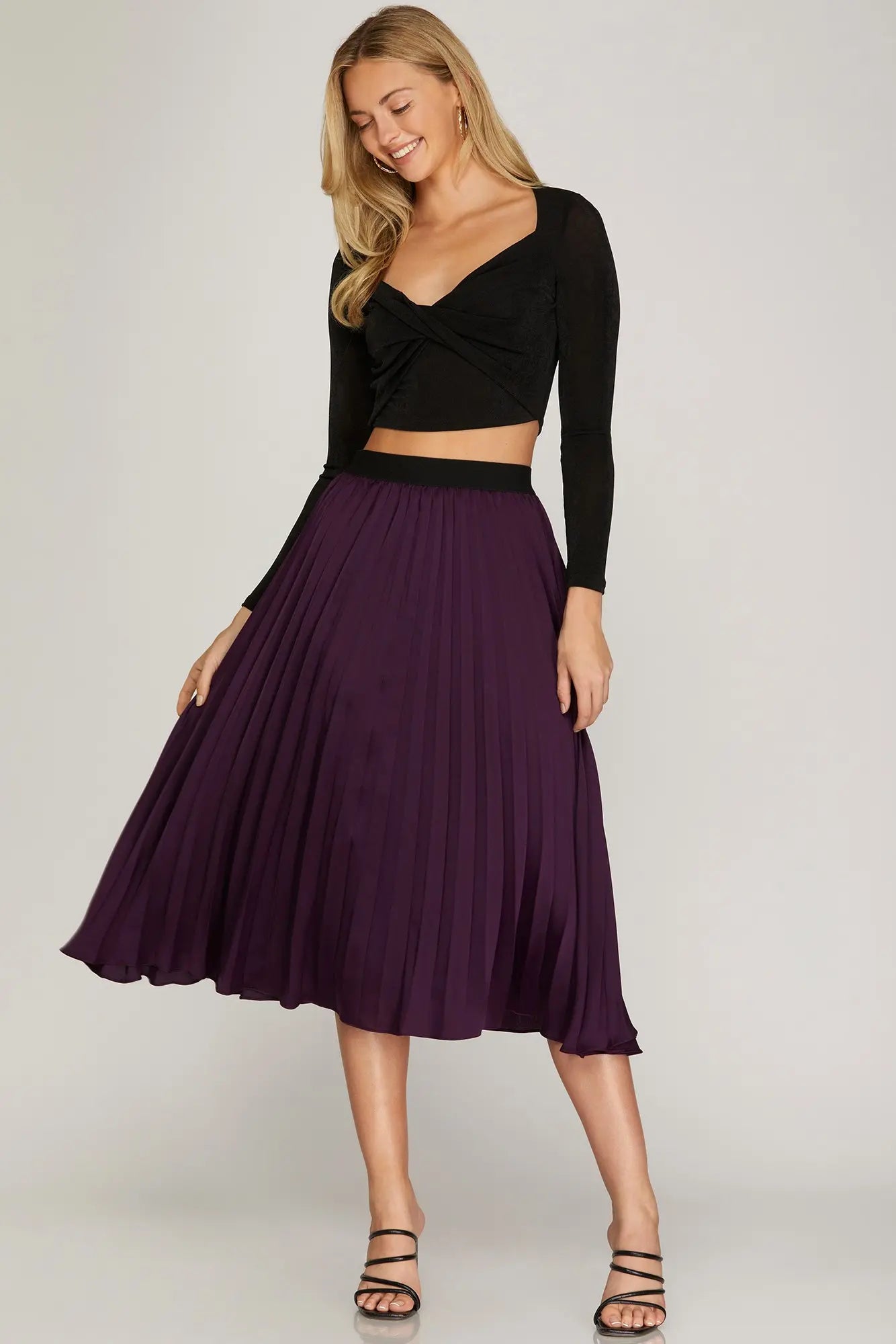 Eggplant Pleated Satin Midi Skirt with Elastic Waistband