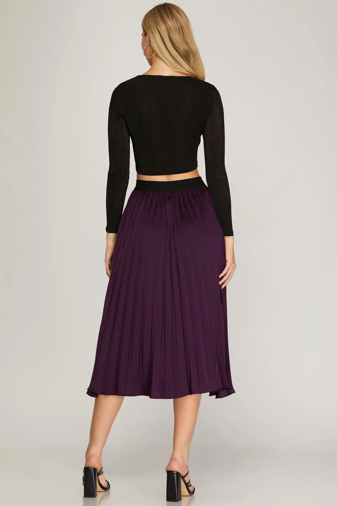 Eggplant Pleated Satin Midi Skirt with Elastic Waistband