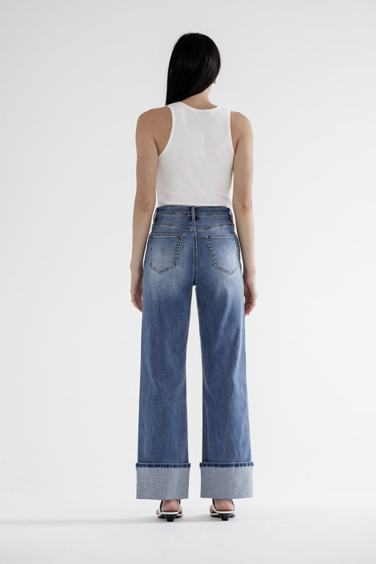 High rise wide leg cuffed denim