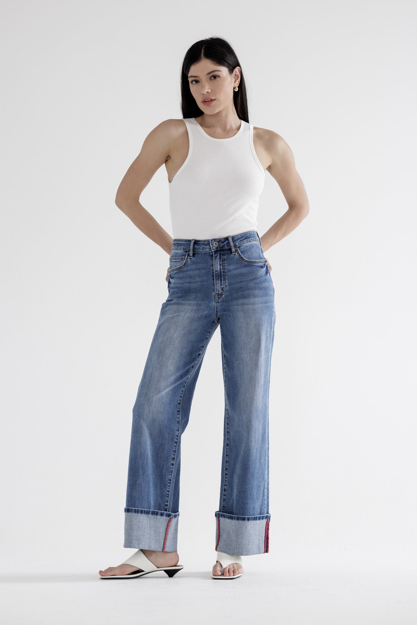 High rise wide leg cuffed denim