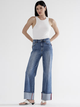 High rise wide leg cuffed denim