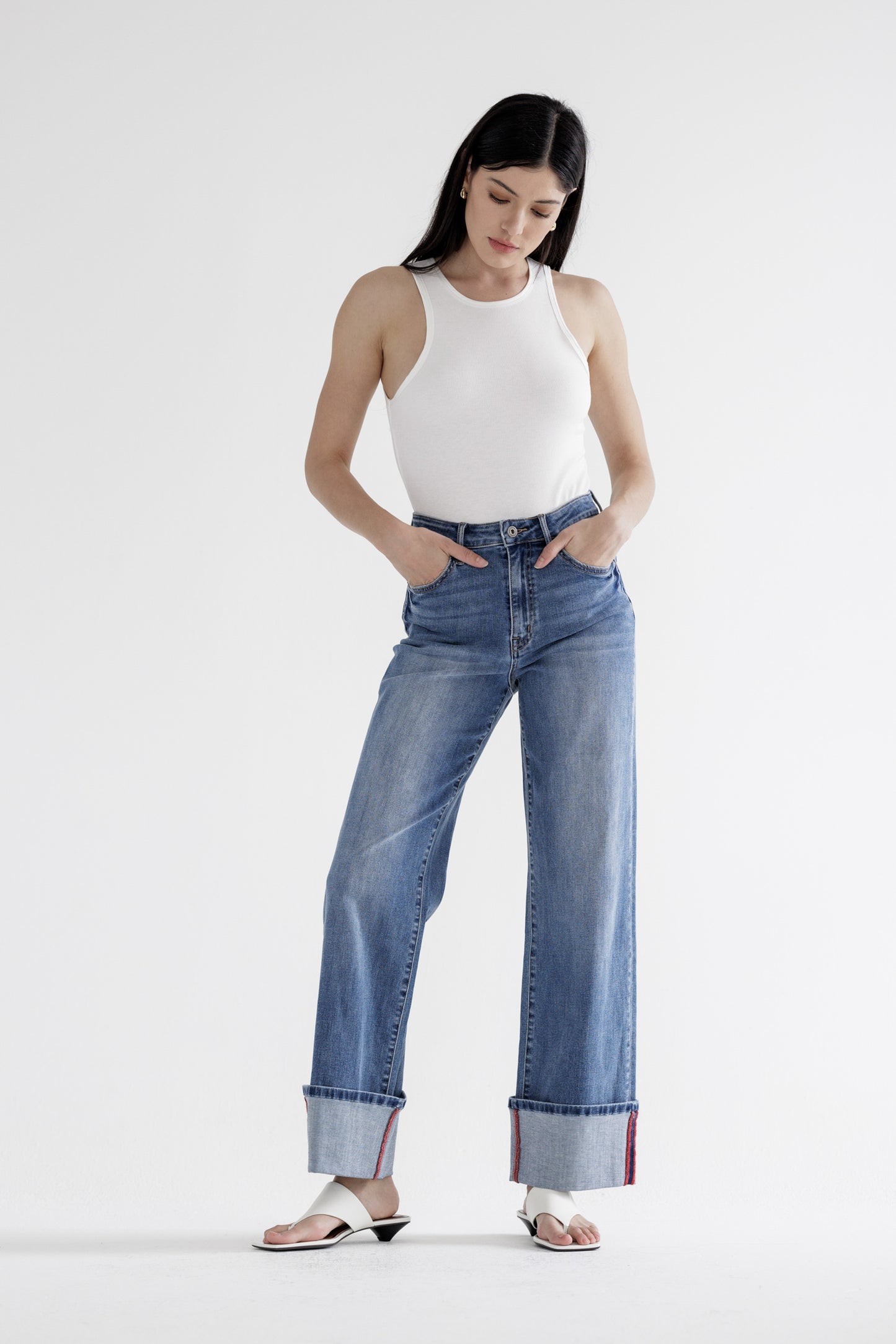 High rise wide leg cuffed denim