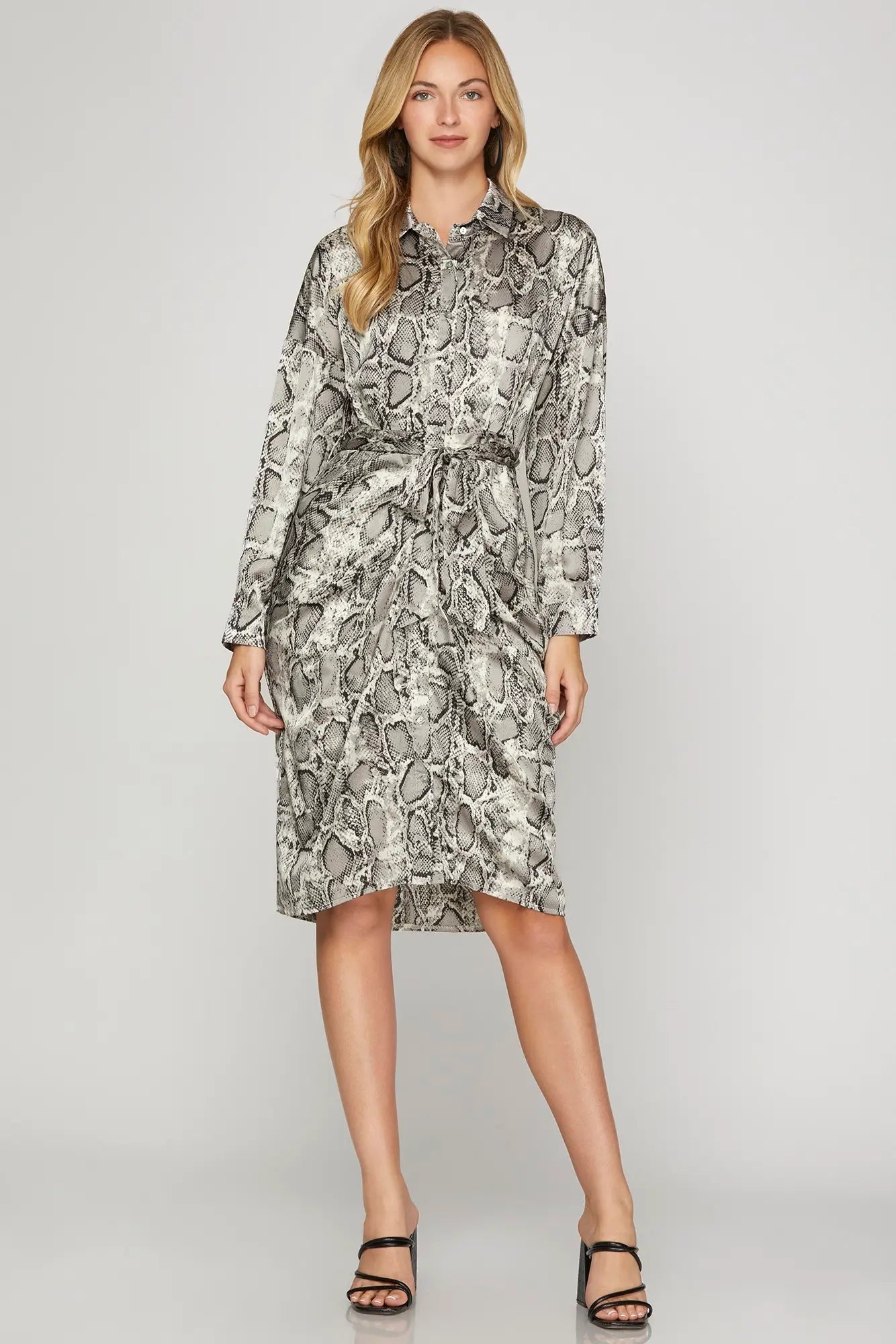 Snake Print Long Sleeve Button Down Dress