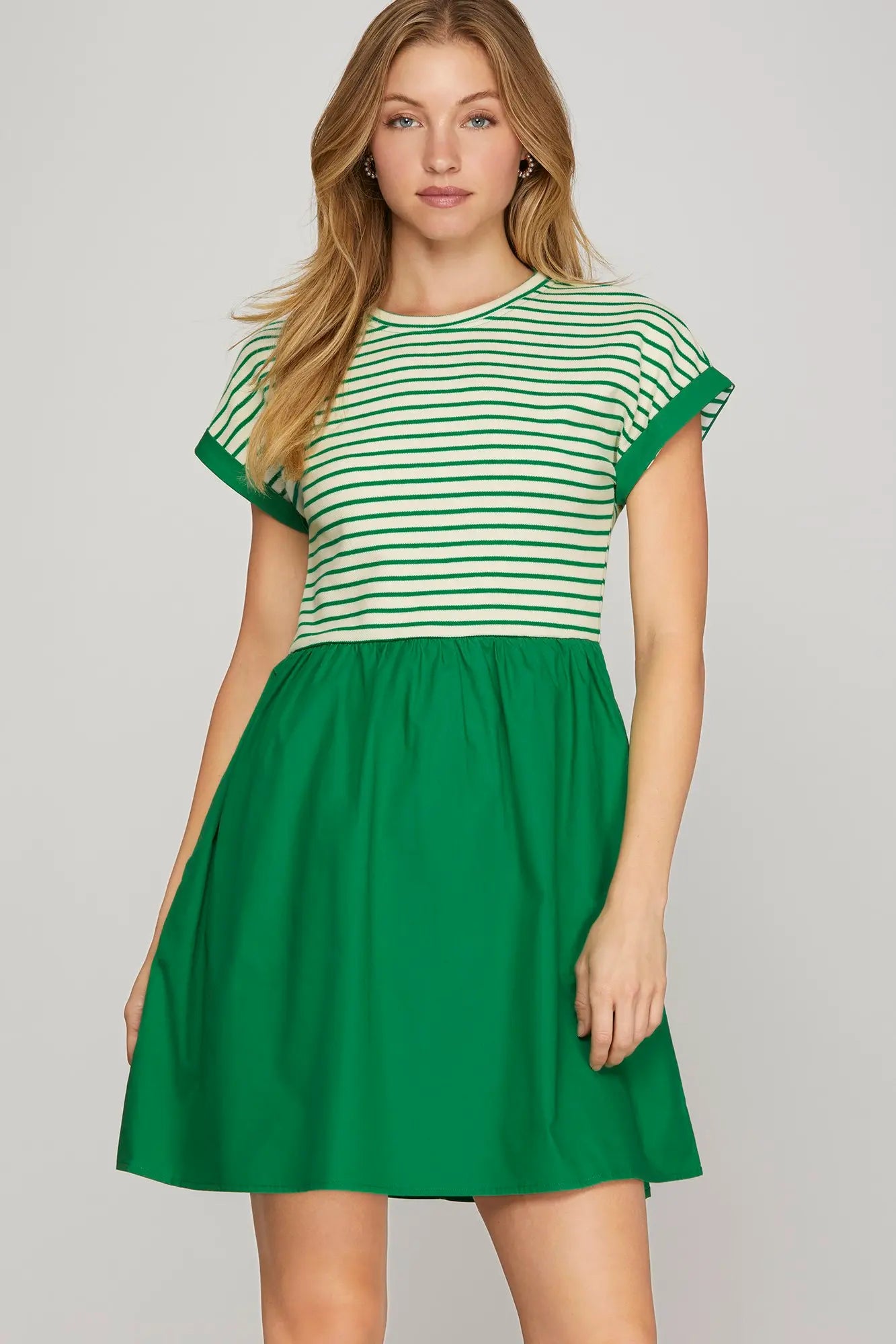 Green Cap Sleeve Striped Dress with Pockets