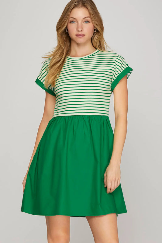 Green Cap Sleeve Striped Dress with Pockets