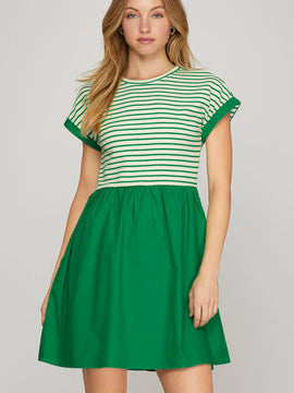 Green Cap Sleeve Striped Dress with Pockets