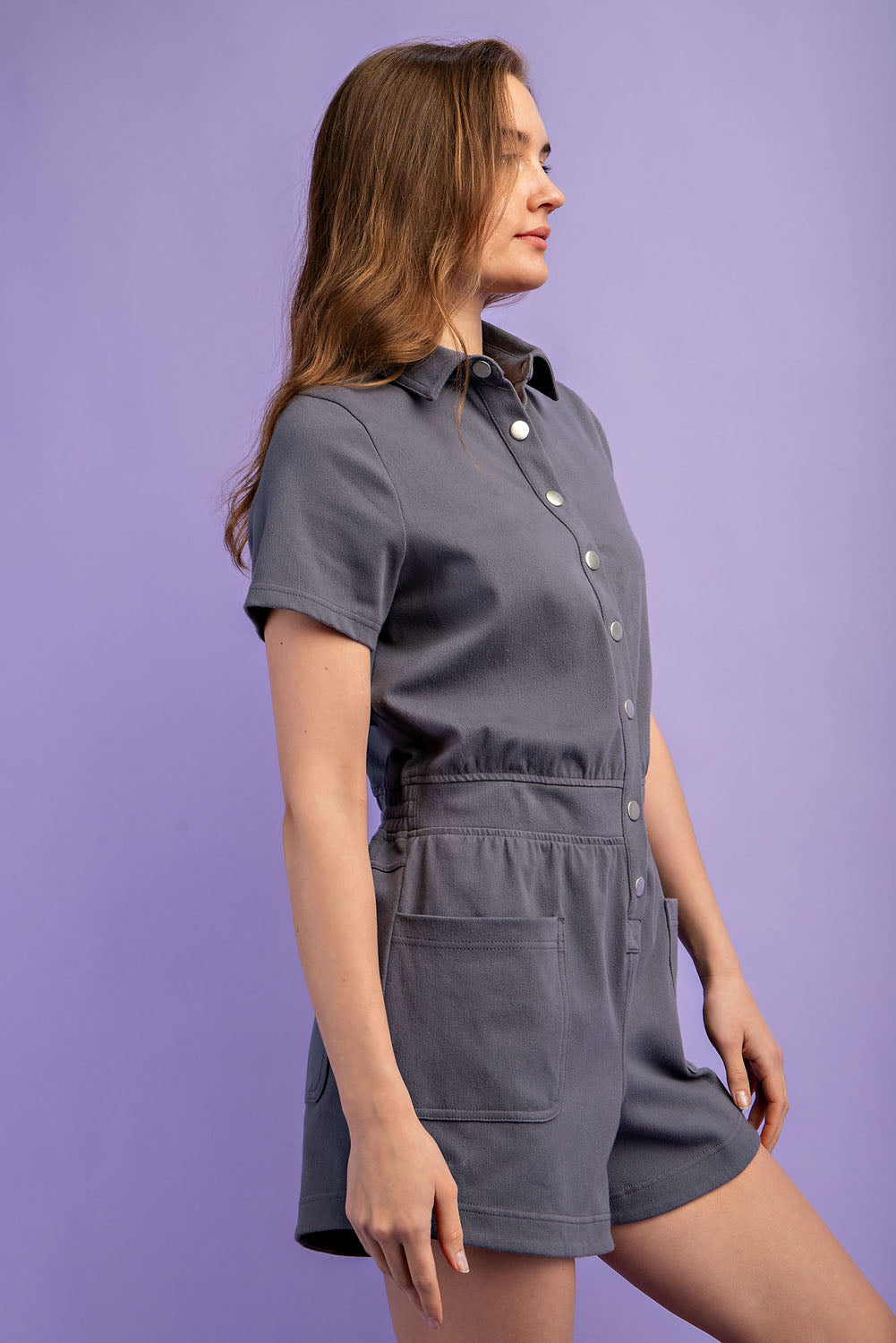 Cotton Stretch Twill Short Sleeve Romper