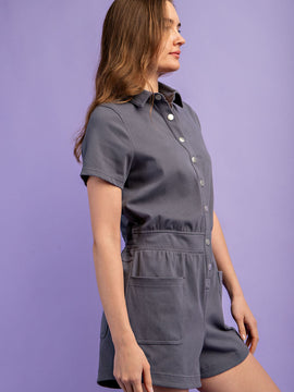 Cotton Stretch Twill Short Sleeve Romper