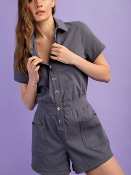 Cotton Stretch Twill Short Sleeve Romper